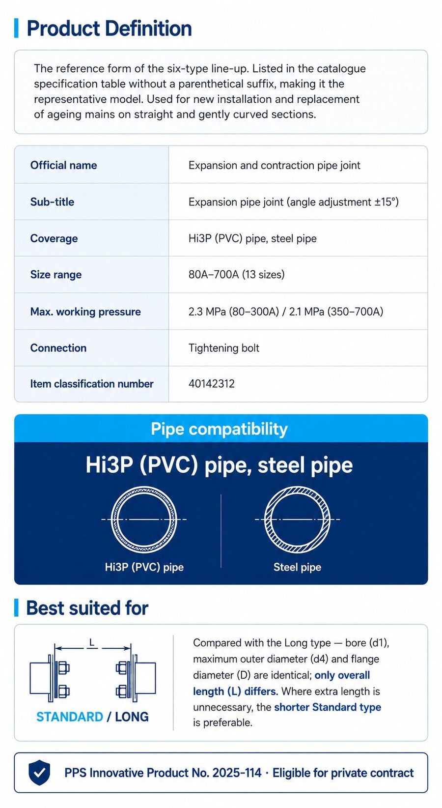 Expansion and contraction pipe joint - Product line-up and type selection